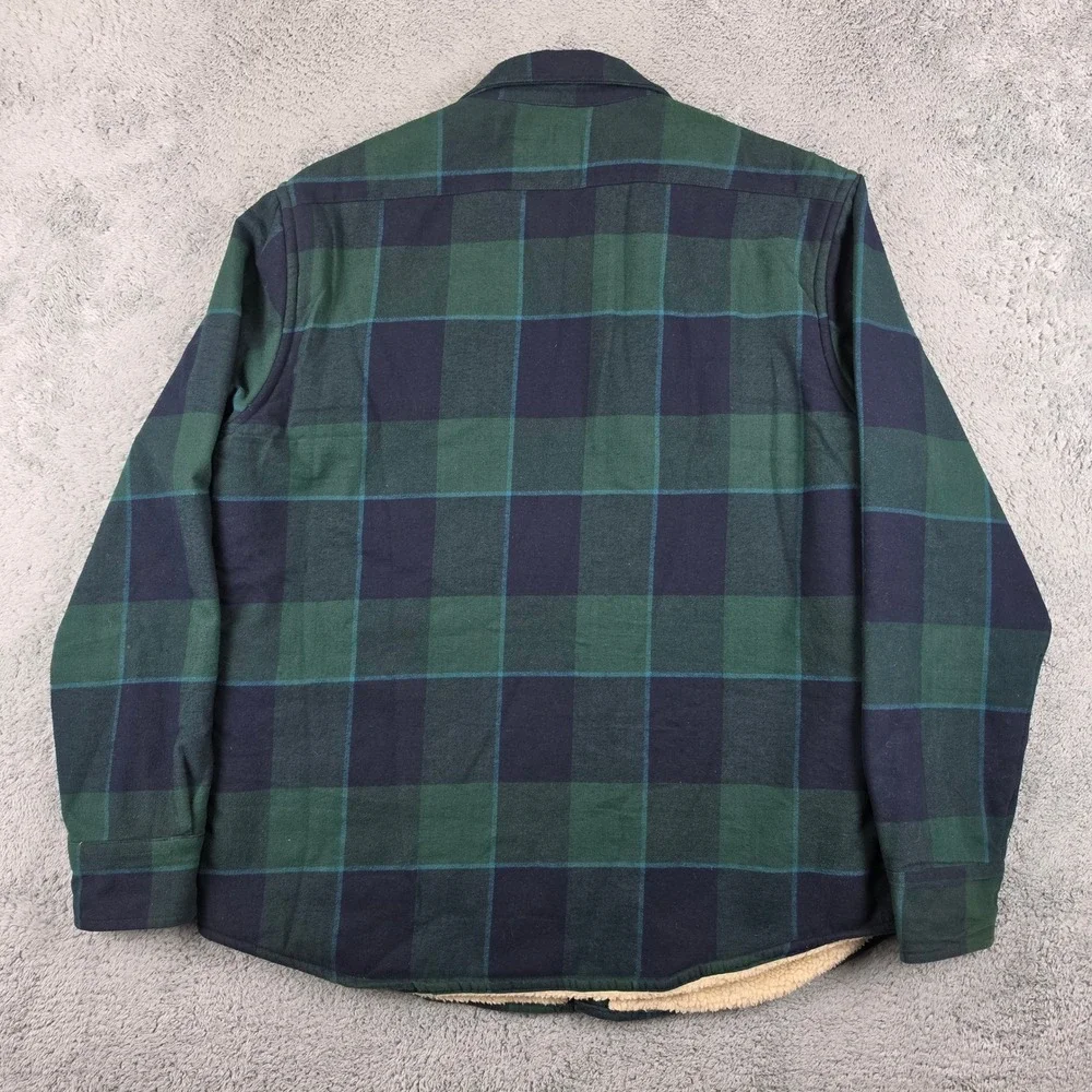 J Crew Shirt Sherpa Jacket Mens Large Green Blue Plaid Lined Flannel Shacket